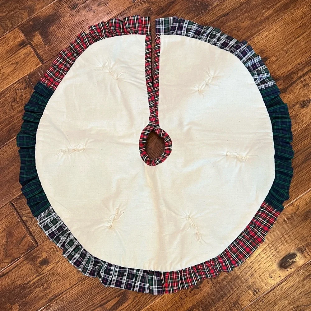 Hand Crafted 3-D Snowman Tree Skirt with Plaid Accents